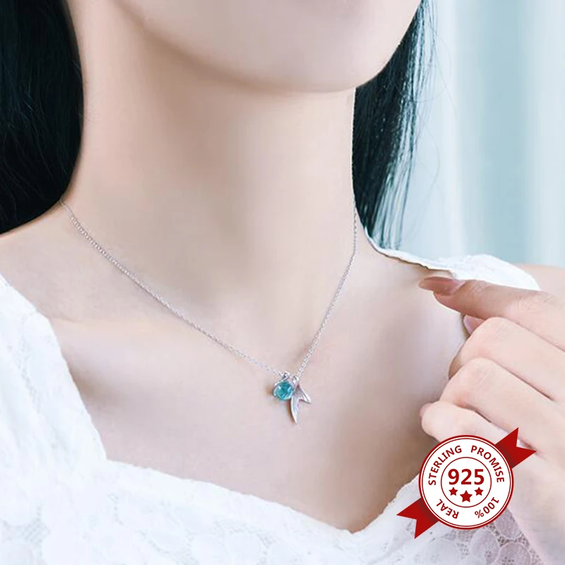

Real 925 Sterling Silver Jewelry necklace with Mermaid Tears Foam Pendant Necklace Blue Crystal Necklace for Women Gift A30