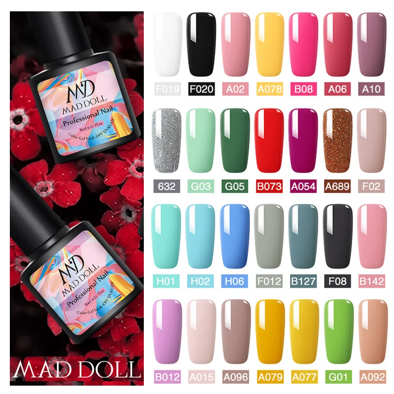 MAD DOLL 8ML Gel Nail Polish Pink Red Green Pure Nail Color Soak Off UV Gel Polish Varnish Manicure Gel Lacquer