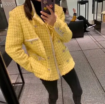 

2020 Runway Fashion Retro Yellow Tweed Jacket Women Double Breasted Pockets Diamonds Buttons Hot Sale Jacket Cotton Vintage Coat
