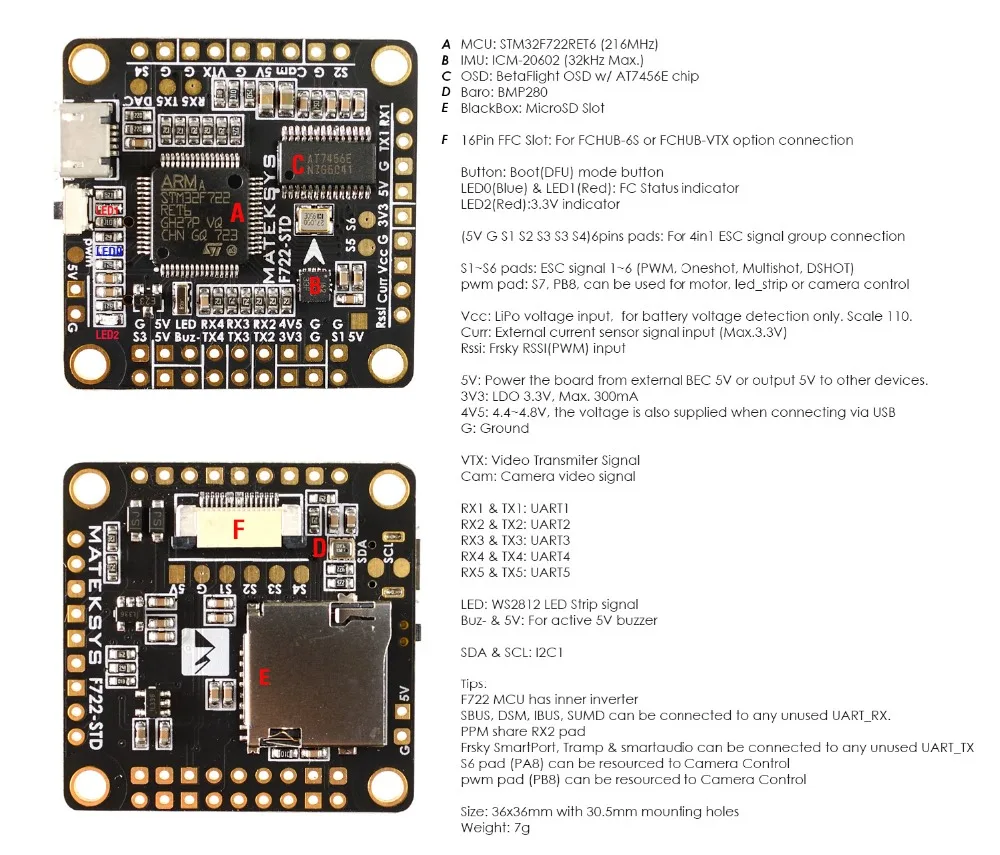 Matek Systems F722-STD F7 игровые джойстики Особенности STM32F722RE, ICM20602, BMP280, BFOSD, Blackbox слот карты Micro SD DShot ESC