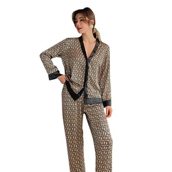 2021 Women's Satin Pajamas Set V-Neck Design Luxury Cross Letter Print Sleepwear Silk Like Homewear Xxl Large Size Nightwear
