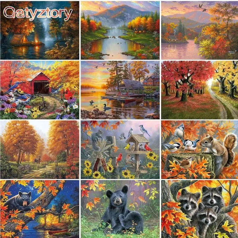 GATYZTORY Frame DIY Painting By Numbers Kits Autumn Landscape Hand