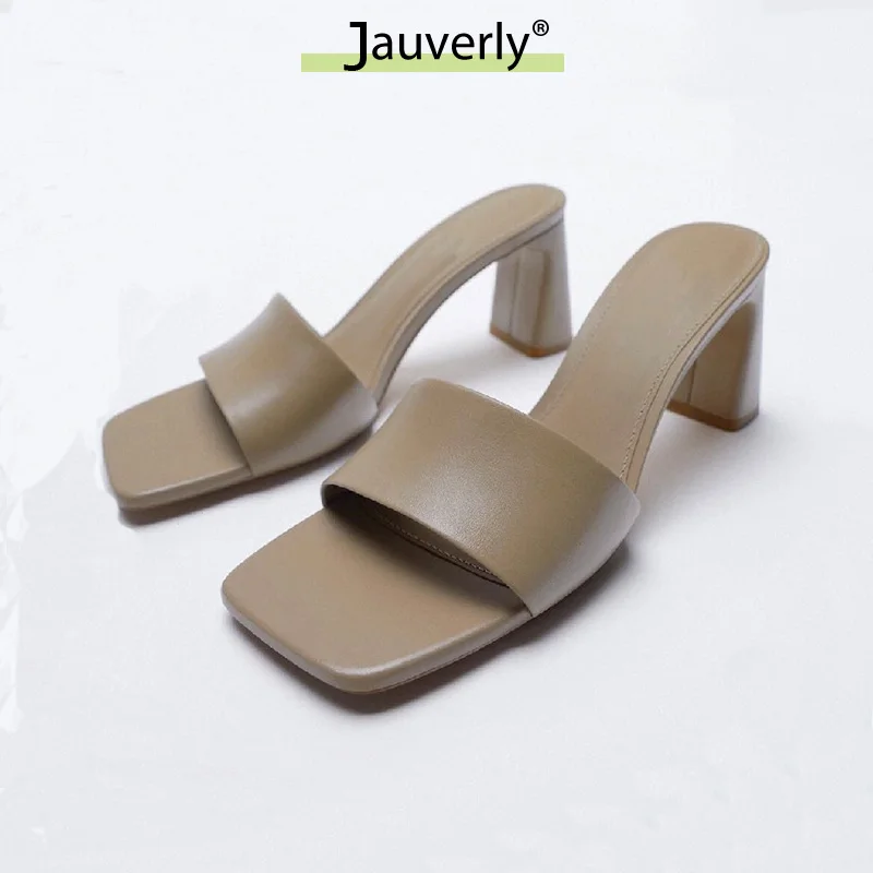 

Women Slippers 2021 Summer Designer Shoes Sable Gray Square Thick Heel Slipper Sandals Women Peep-toe Pure Color word Lady Shoes