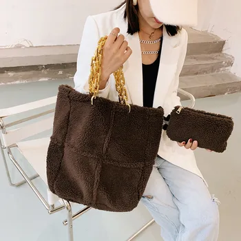 

New Winter Thick Chain Tote Bags for Women 2020 Luxury Fluffy Shoulder Set Bag Ladies Big Plush Warm Shopper Hand Bag and Purses