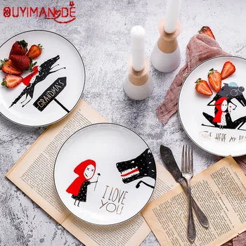 

Bone China Black Edge Cartoon Breakfast Plate Western Steak Plate Dessert Plate Creative Little Red Riding Hood Dinner Plate