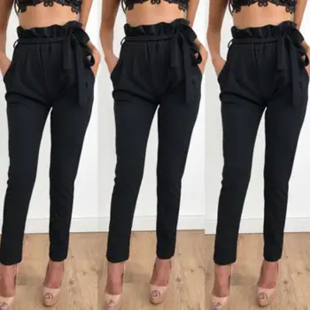 

Chic Lady Solid Color Ruffle High Waist Belt Pocket Skinny Pencil Pants Trousers High Waist Belt Skinny Pencil Pants Trousers