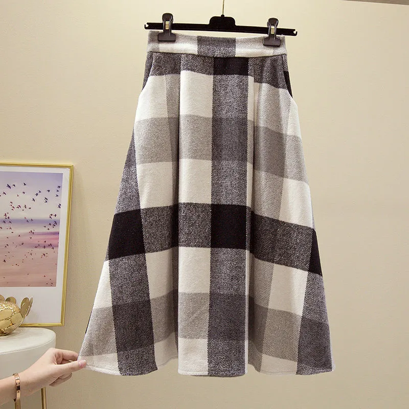 Korean Vintage Wool Elegant Plaid Skirt Womens Plus Size High Waist Maxi Skirt Autumn Winter Warm Office Lady Long Skirts