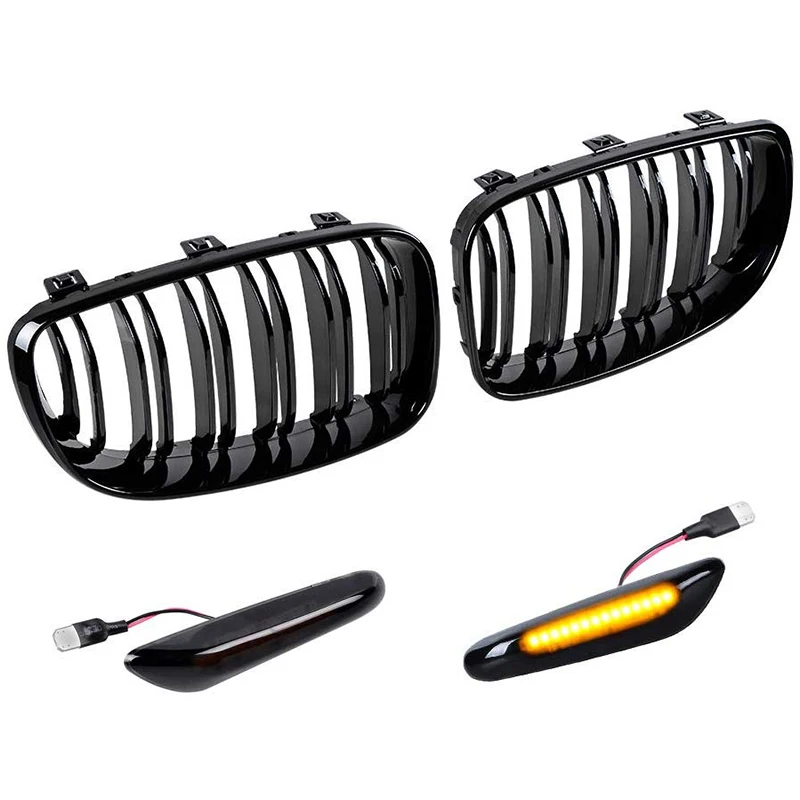 

Glossy Black Dual Slats Front Kidney Grille W/Dark Smoke Lens 16-LED Side Marker T10 Turn Signal Light Compatible for BMW E81 E8
