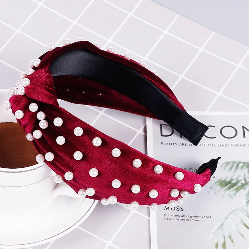 wine red headband Винтажная Жемчужная Повязка на голову для женщин ободок широкая бархатная повязка на голову с узлом обруч для волос с бантиком широкая лента для волос аксессуары для волос черный - Цвет: wine red headband