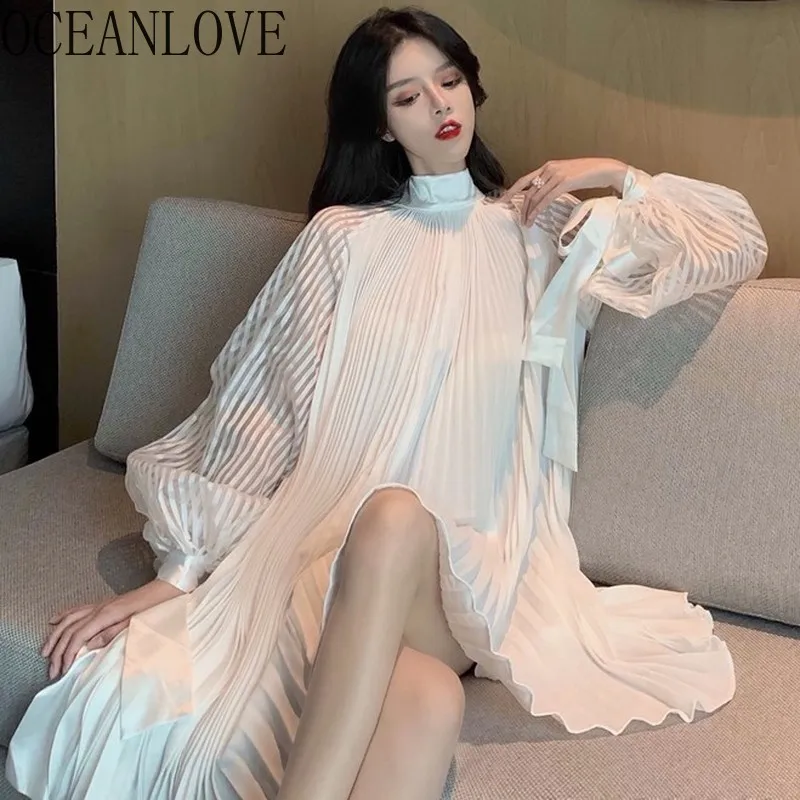 

OCEANLOVE Spring Vestidos Chiffon Solid Pleated Puff Sleeve 2020 Women Dress Turtleneck Ins Elegant Fashion Mini Dresses 15049