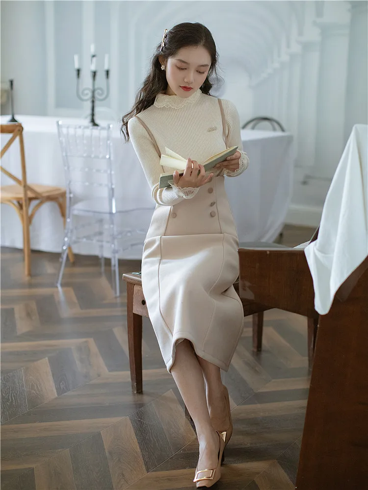 

Graceful Very Fairy of Strapped Dress Two-Piece Women's 2019 New Style Autumn & Winter Underwear Woolen Dress Long Skirts