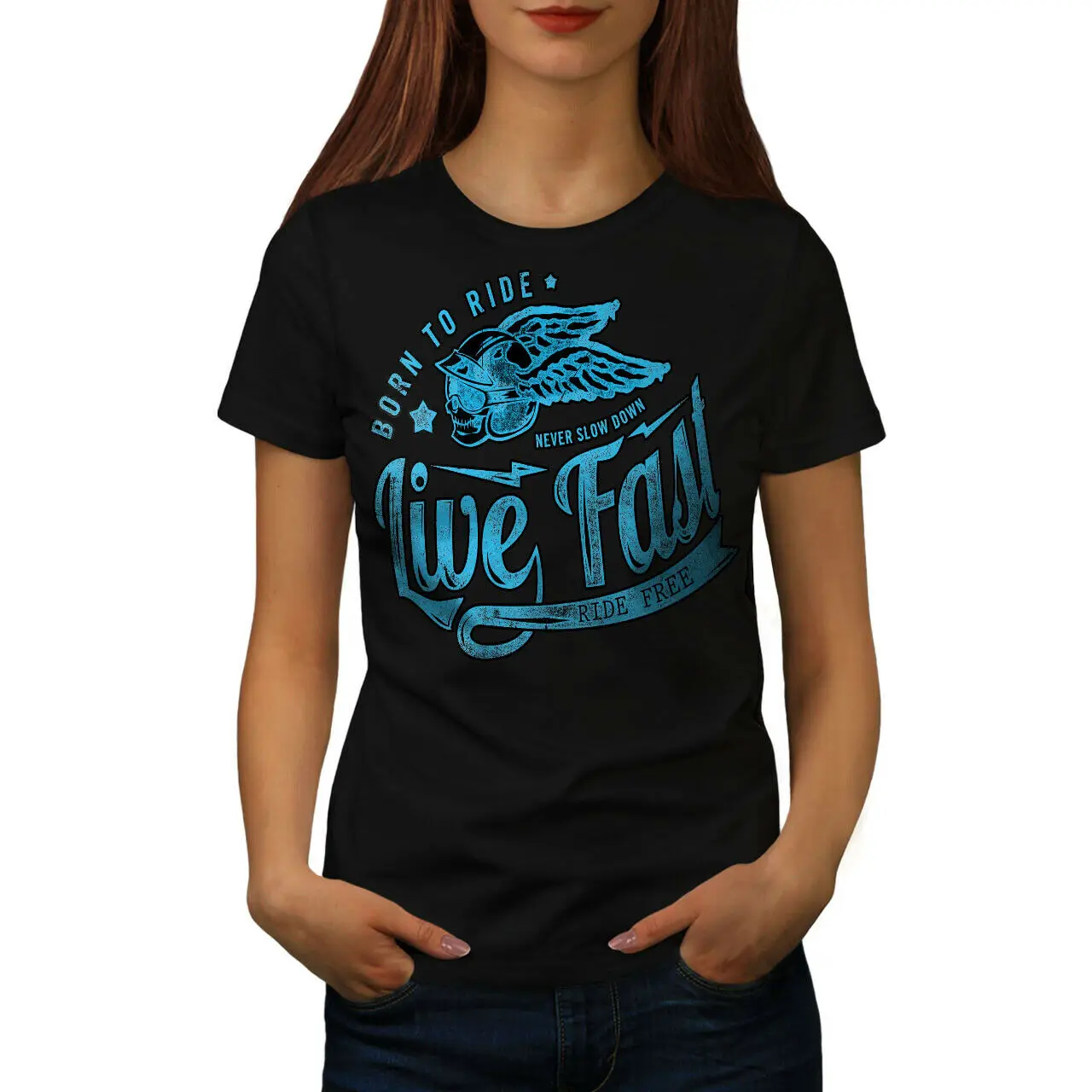 

Born To Ride Moto Biker Womens T-shirt, Helmet Casual Design Printed Tee
