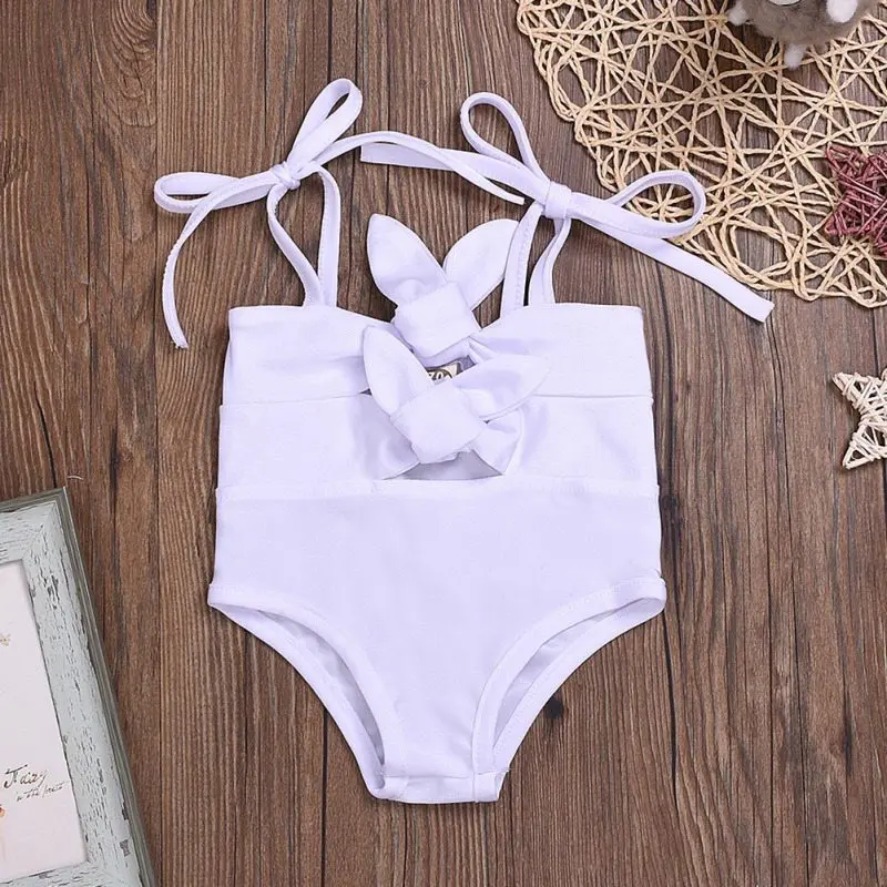 Цельный купальник для маленьких девочек, однотонный купальник на лямках с принтом, летний пляжный костюм, купальник на лямках, боди - Цвет: W