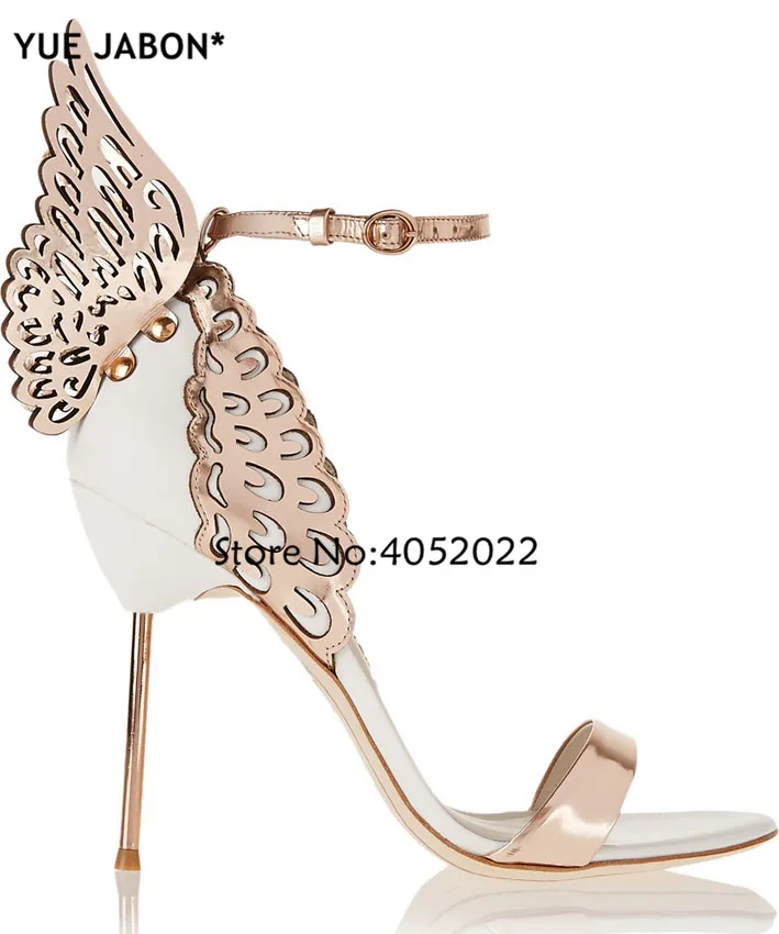 

YUE JABON Colorful metallic embroidered leather sandals angel wings pumps party dress shoes butterfly ankle wrap high heels