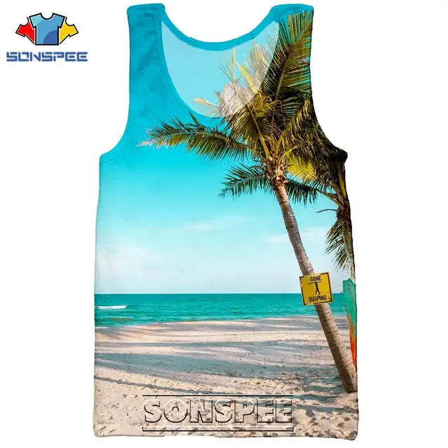SONSPEE 3D Print Palm Tree Summer Beach Sea Men's Tank Tops Casual Fitness Bodybuilding Gym Muscle Men Sleeveless Vest Shirt 24
