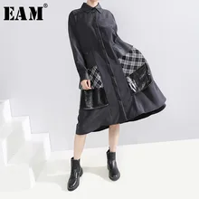 [EAM] женское черное клетчатое платье-рубашка с разрезом, новинка, с отворотом, с длинным рукавом, свободный крой, модный стиль, весна-осень 19A-a807
