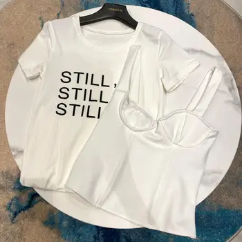 

2020 Letter Printing Long Short Sleeve Tee+ Personalized Waist Seal Waist Two-piece T-shirt