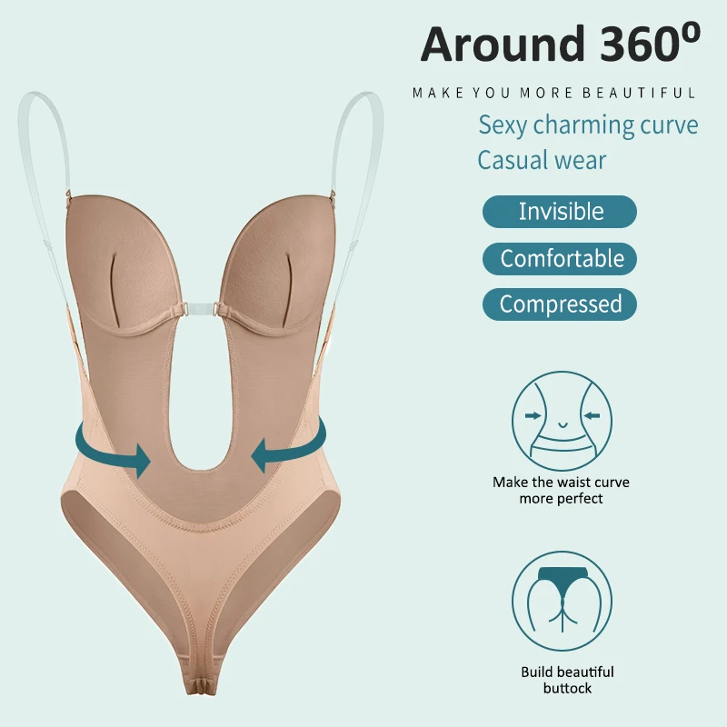 Decote em v Shaper sem Costas Empurrar para Cima Bodysuit Shapewear Profundo Corpo Mergulho Tanga Shapers Cintura Trainer Mulher Cinta Clara Acolchoado Espartilho u 6 shaper sem costas u mergulho tanga shapers