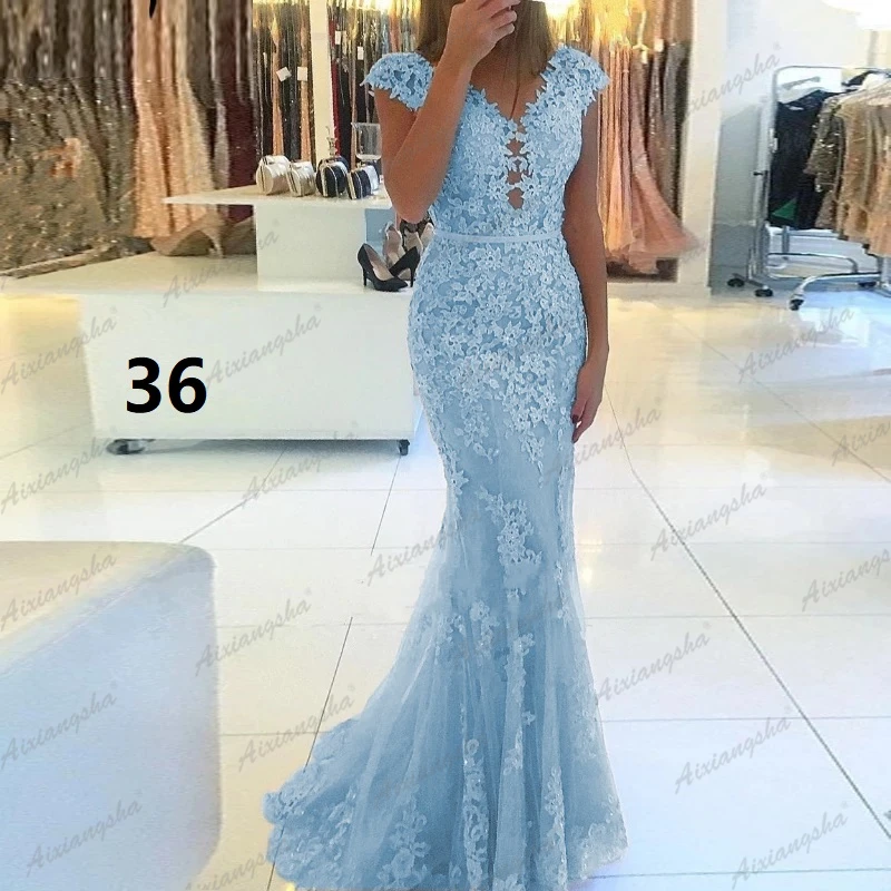 Light Pink Elegant V-Neckline Cap Sleeve Lace Tulle Mermaid Prom Dresses Floor Length Vestido De Fiesta Long Evening