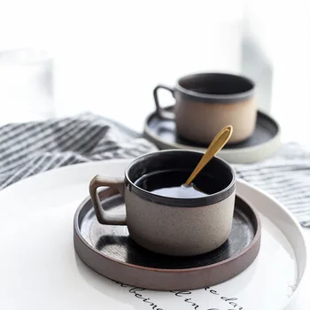 

Japanese Simple Coffee Cup Ceramic Vintage Tea Cup and Saucer Set Creative Crockery Eco Friendly Kupa Home Retro Cup AC50BD