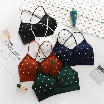 

Women Underwear Bra White Polka Dot Bralette Wrapped Spaghetti Strap Wireless Comfortable Underwear Soft Seamless Lingerie