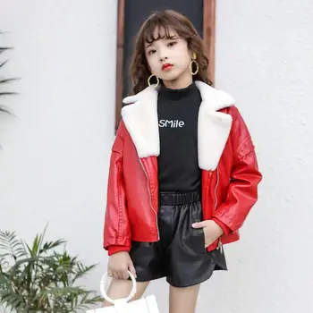 

Wholesale Children PU leather jackets Fur collar velvet Warm locomotive jackets Boy girl coat modis kids jackets outerwear Y2300