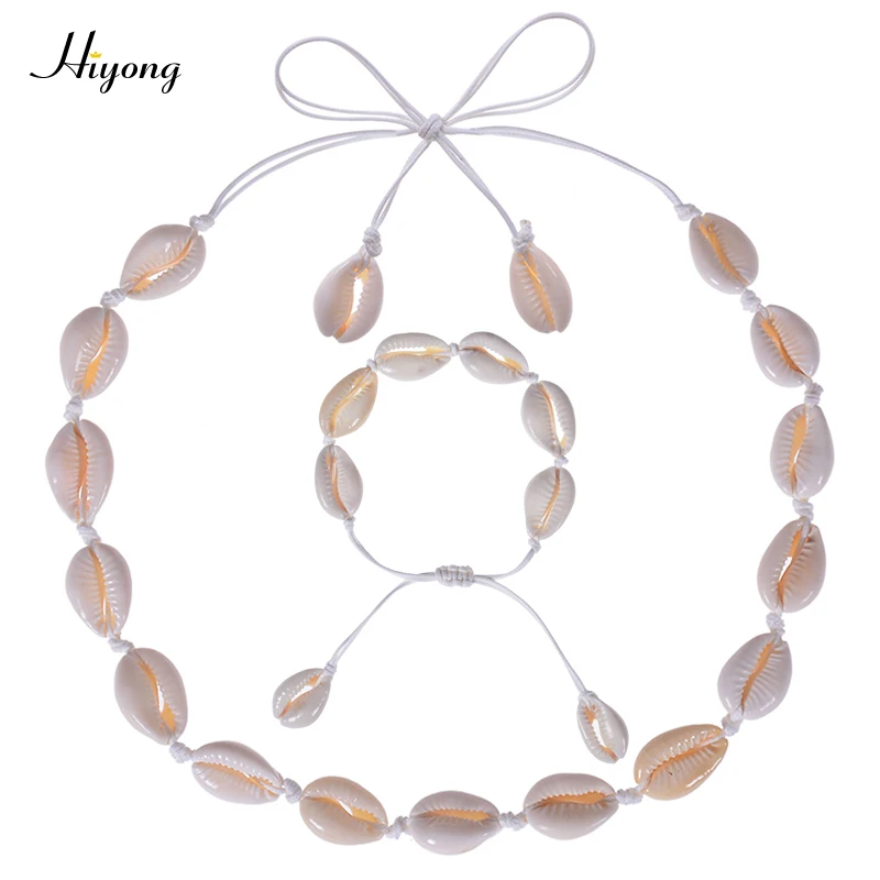 Натуральный корпус ожерелье и браслет набор для женщин ракушка регулируемое ожерелье-чокер Гавайский пляж Каури ожерелье из ракушек набор - Окраска металла: Black-Shell Bracelet