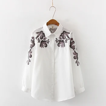 

Spring Korean White Women Blouse Shirt Long Sleeve Retro Embroidery Blouse Casual Tops Turn Down Collar Female Blouse Clothes