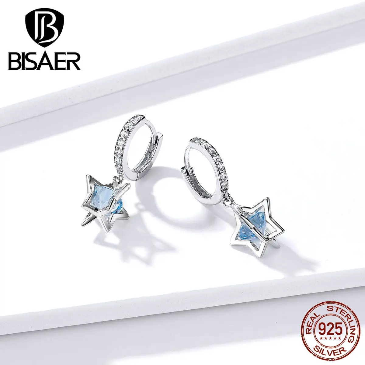 Серьги со звездами BISAER, 925 пробы, серебряные светящиеся серьги-гвоздики со звездами для женщин, прозрачные кубические циркониевые ювелирные изделия EFE316