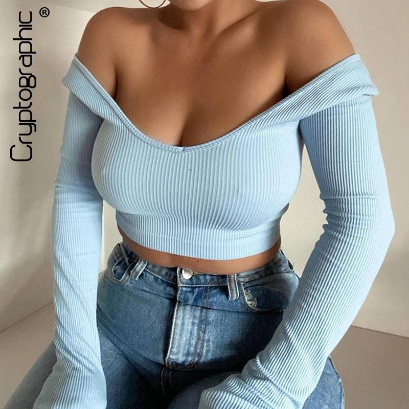 

Cryptographic Off Shoulder Solid Basic Female Tops Long Sleeve Fall 2020 Knit Sexy T-Shirts Short Women's Clothing Streetwear