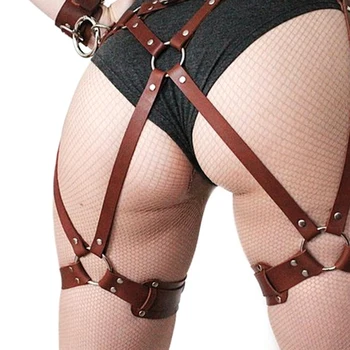 

Handcuff + Women's Brown Leather Lingerie Harness Body Strap Garter Suspenders Cage Belts