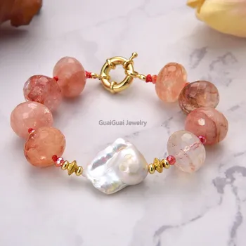 

GG Jewelry Natural Lepidocrocite Quartz White Keshi Pearl Bracelet 8"