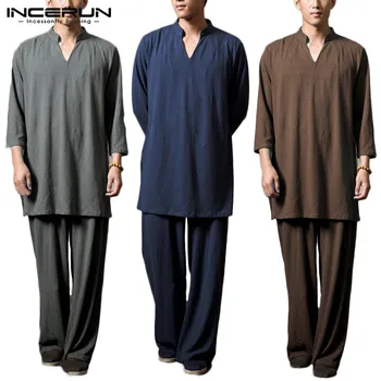 

INCERUN Vintage Men Sets Tang Suit 3/4 Sleeve Streetwear V Neck Solid Color Tops Pants Retro Loose Chinese Style Men Suits S-5XL