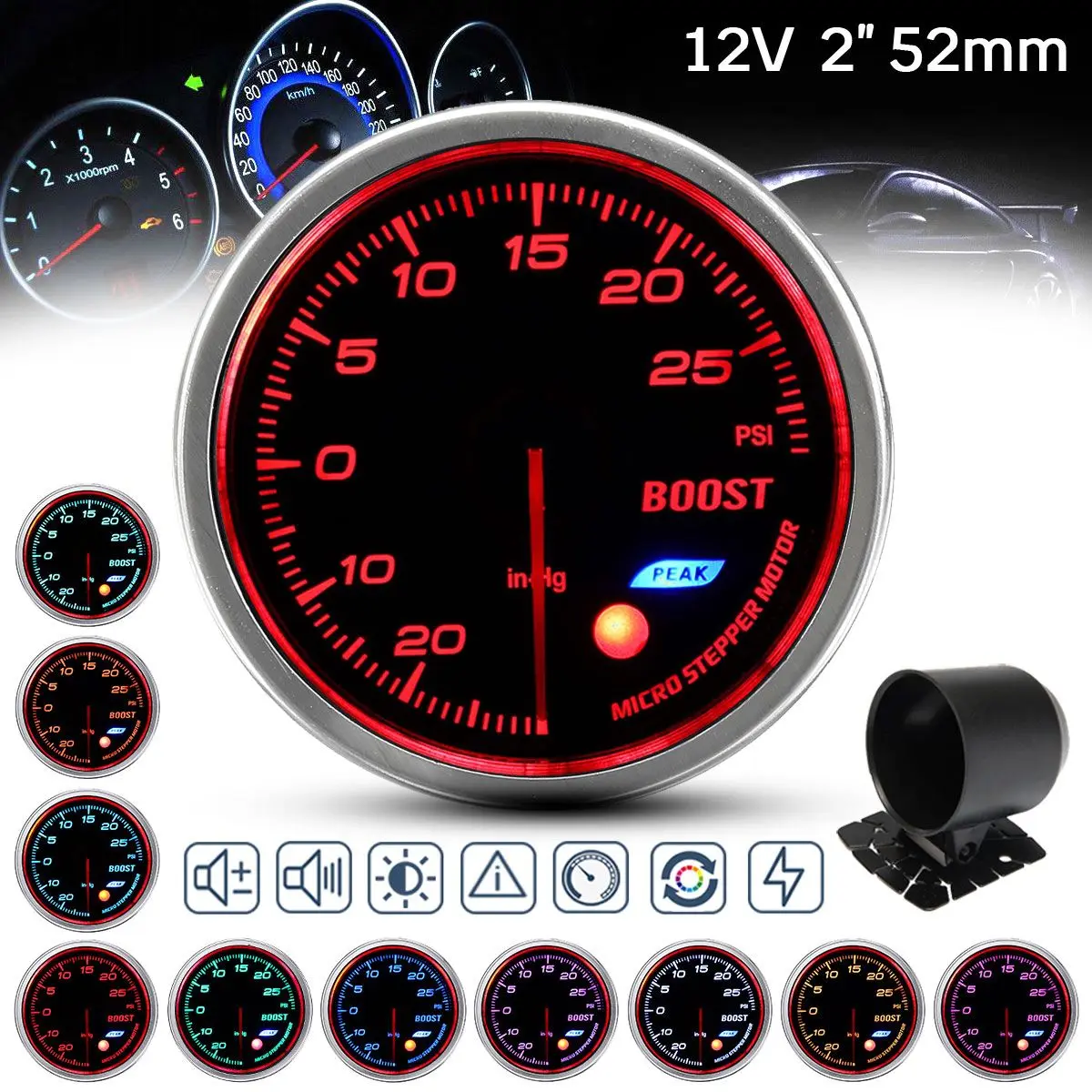 2.5" 60mm Universal Car LED Gauge Turbo Boost Gauge Bar PSI Water Temp Oil Pressure Temp Tachometer Volt Exhaust Gas Air Fuel - Цвет: Boost Gauge PSI