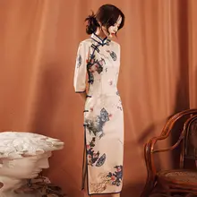 

Cheongsam Dress Women's Plus Size 2022 Spring Cotton Blend Prints Traditional Chinese Style Slim Fit Split Qipao Dresses Woman