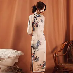 Cheongsam Dress Women's Plus Size 2022 Spring Cotton Blend Prints Traditional Chinese Style Slim Fit Split Qipao Dresses Woman