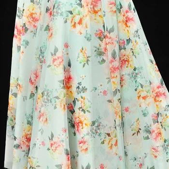 

130CM Wide 8MM Yellow Red Floral Print Thin Light Green Silk Georgette Fabric for Summer one-piece dress Shirt Clothes J233