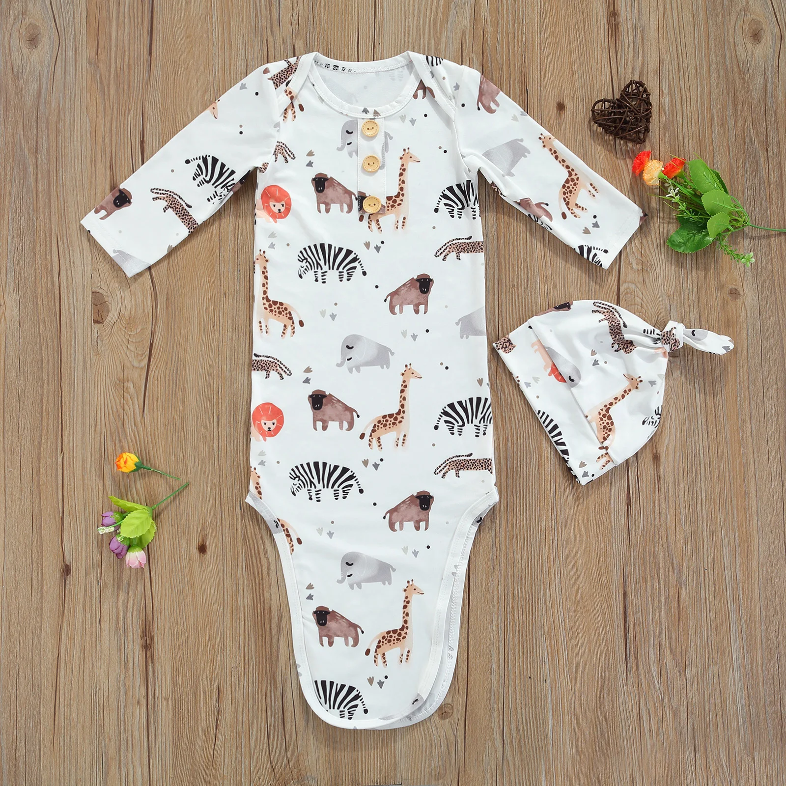 FOCUSNORM 5 Colors Newborn Baby Girls Sleeping Bags+Hats 2pcs Cartoon Patterns Print Round Neck Long Sleeve Sleepwear
