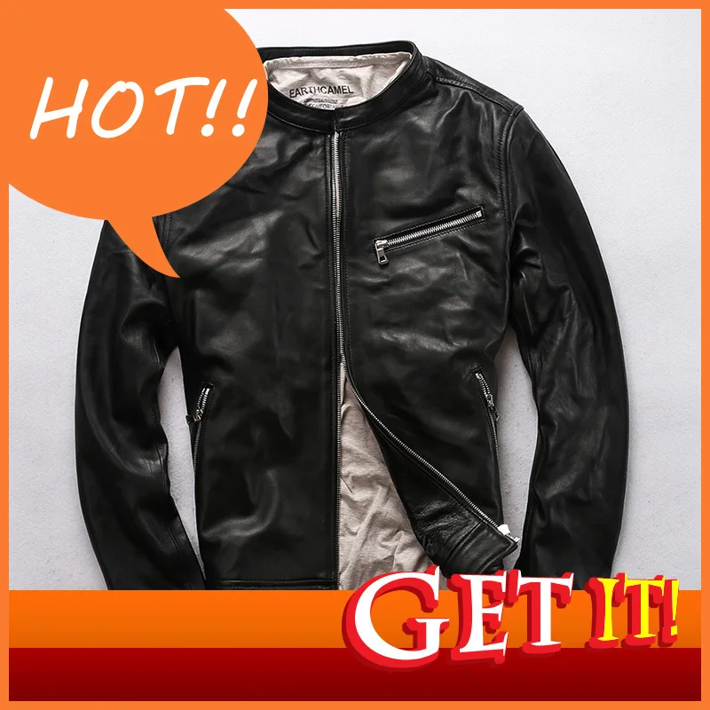 

2020 Men's Autumn Winter Sheepskin Leather Coat Genuine Leather Vintage Stand Collar Black Jacket Large Size Smart Casual Jakcet