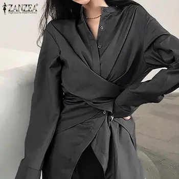 

ZANZEA 2020 Casual Long Sleeve Shirts Elegant Asymmetrical Tops Women's Spring Blouse Female Button Work Blusas Lapel Tunic 5XL