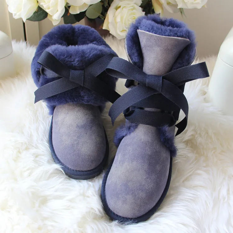 Модные женские зимние ботинки из натуральной овечьей кожи; зимние ботинки на шнуровке; натуральный мех; теплая шерсть; женские ботинки до середины икры - Цвет: Blue as pic