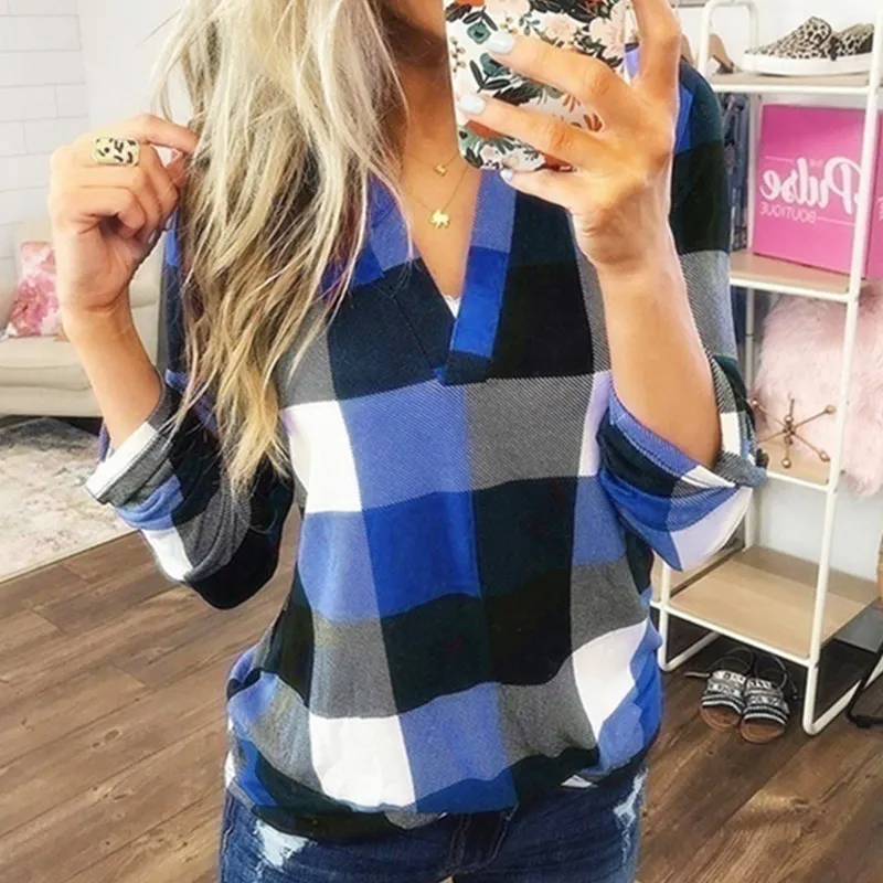 Women Casual Plaid Blouse Long Sleeve V Neck Sexy Shirt Womens Loose Fashion Jacket Shirt Top 2019 Autumn Winter Women Tops