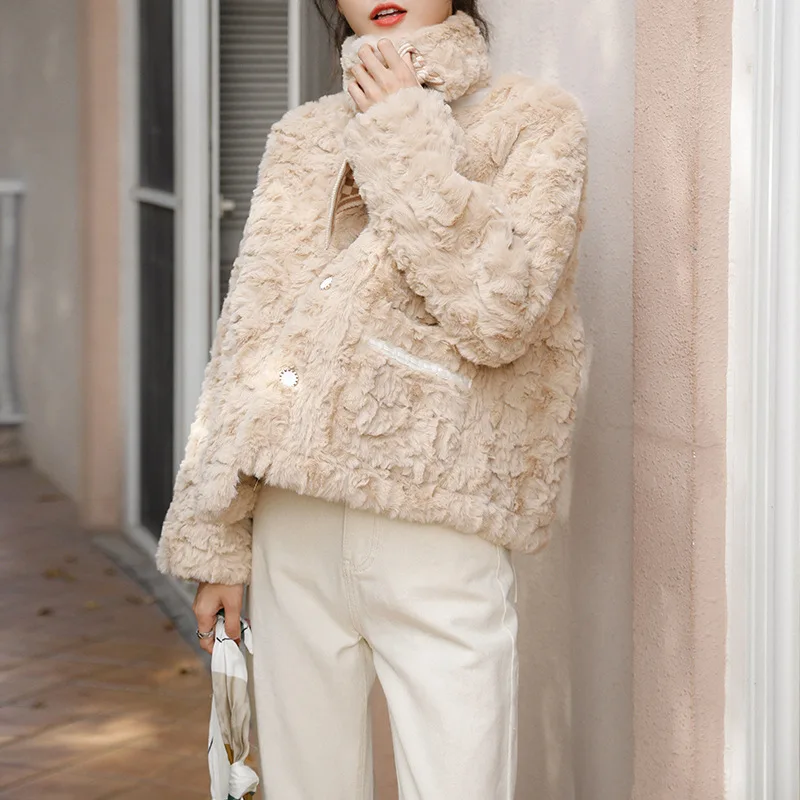 

2020 Winter Short Jacket Women Fashion Imitation Rabbit Fur Warm Coat Soft Loose Plus Size Cashmere Outerwear Cropped Jacket