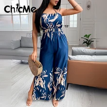 

Chicme Women Halter Colorblock Print Wide Slit Leg Jumpsuit Boho Sleeveless Outfits Summer Rompers Vacation Beachwear Overalls
