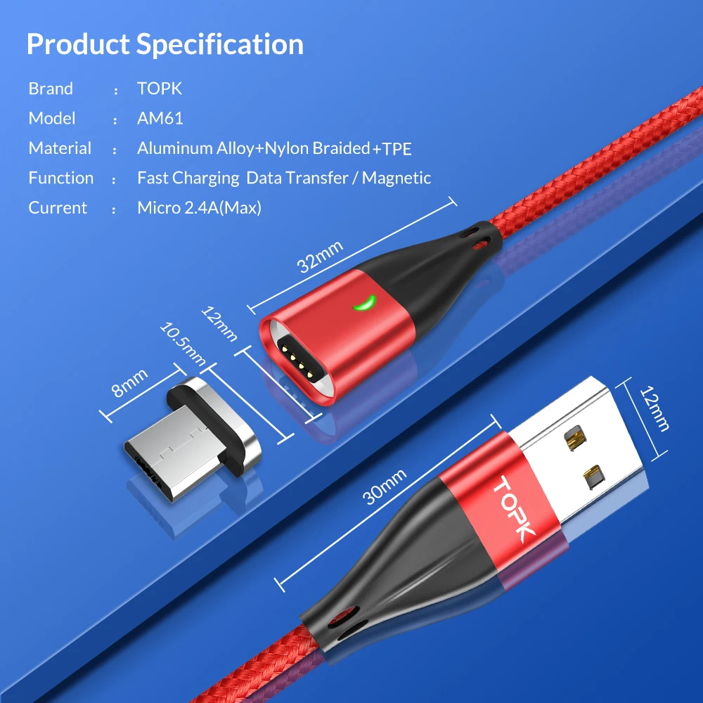 TOPK 1 м светодиодный магнитный кабель Micro Usb кабель для быстрой зарядки Micro Usb Магнитный кабель для зарядки и передачи данных для samsung Xiaomi huawei