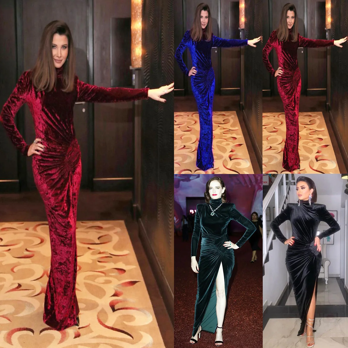 

Europe And America Star Poly Annual General Meeting Party Noble Green Velvet Slim Fit-High Slit Irregular Dress Long Skirts