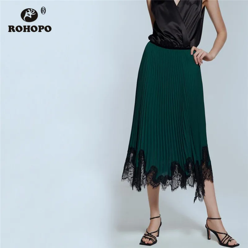 

ROHOPO High Waist Patchaork Lace Edge Gradient Green Midi Skirt With Lining Elegant Ladies Autumn Maxi Pleated Retao Falda #9420