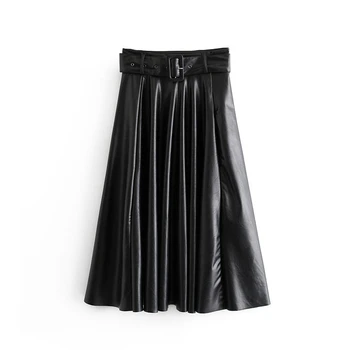 

Skirts Womens High Waisted Leather Skirt Elegant Black A Line Pleated Skirt Ladies Streetwear Vintage Maxi Belt Skirts 2020