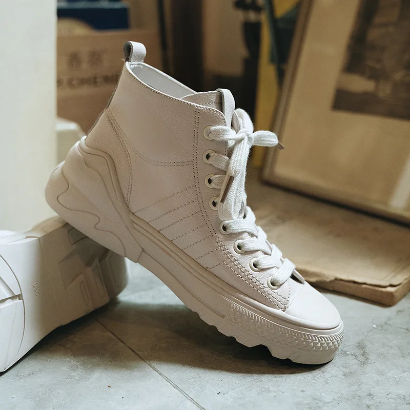 

Inside And Pure Leather Lace up Front Casual Shoes 2019 Autumn & Winter round-Toe Genuine Leather High Shoes Semi-high Heeled Co