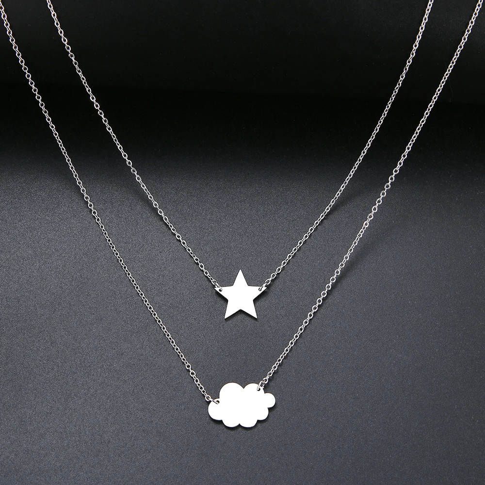 New Simple Sequins Cloud Necklace Aircraft Stars Heart Pendant Multilayer Chain Necklaces For Women Gift Stainless Steel Jewelry